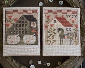 Counted Cross Stitch Pattern, Summer Saltboxes, Patriotic, Americana, Black Horse, White Sheep, Flags, Plum Street Samplers, Pattern Only