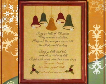 Wool Applique Pattern, Ring Ye Bells, Wool Applique Stitchery, Winter Decor, Christmas Decor, Framed Poem Verse, Nutmeg Hare, PATTERN ONLY