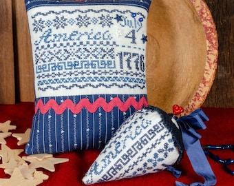 Cross Stitch Pattern, Americana Blues, Pincushion, Berry, Pin Pillow, Strawberry Pin Cushion, Bowl Filler,  Erica Michaels, PATTERN ONLY