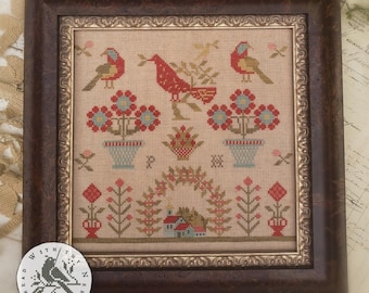 Counted Cross Stitch Pattern, Red Bird Sampler, Antique Reproduction, Sampler Reproduction, Brenda Gervais, PATTERN ONLY