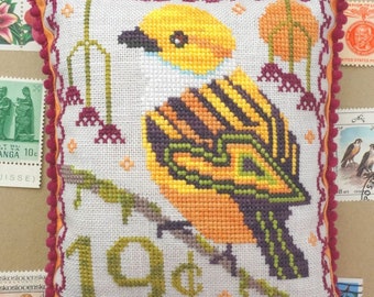 Counted Cross Stitch Pattern, Silver-Throated Tanager, Air Mail June, Monthly Bird Stamps, Lindy Stitches, PATTERN ONLY