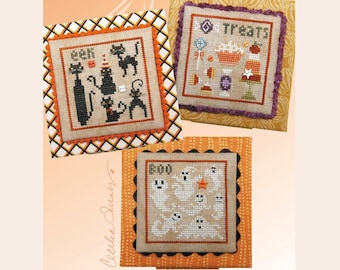 Counted Cross Stitch Pattern, Halloween Square Dance, Halloween Series #1, Ghosts, Black Cats, Heart in Hand, PATTERN ONLY