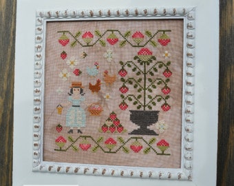 Counted Cross Stitch Pattern, Gathering Strawberries, Summer Decor, Strawberry Vines, Chickens, Garden, Annie Beez Folk Art, PATTERN ONLY