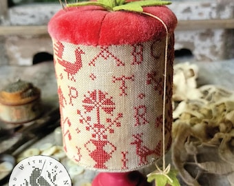 Counted Cross Stitch Pattern, Pennsylvania Dutch Tomato, Drum Pinkeep, Tomato Pincushion, Brenda Gervais, PATTERN ONLY