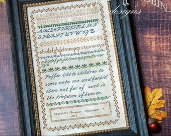 Counted Cross Stitch, Charlotte Bridger 1843, Alphabet Band Sampler, Scriptural, Religious Sampler, Little Robin, PATTERN ONLY