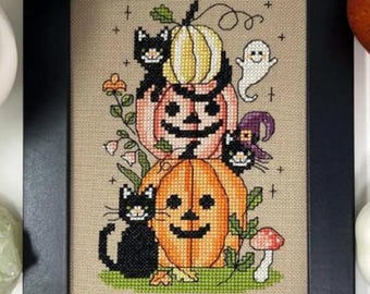 Counted Cross Stitch Pattern, Halloween Cats, Whimsical Halloween Decor, Black Cat, Ghost, Pumpkin Jacks, Tiny Modernist, PATTERN ONLY