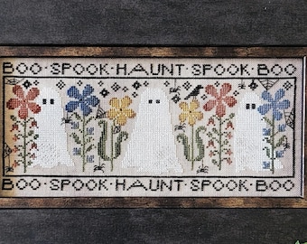 Cross Stitch Pattern, Boo Spook Haunt, Halloween Decor, Ghosts, Flower Motifs, Crow, Liz Mathews, Hello From Liz, PATTERN ONLY