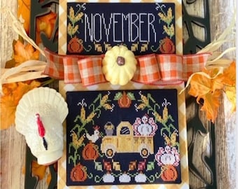 Counted Cross Stitch Pattern, Truckin' Along, November, Vintage Truck, Pumpkins, Stitching with the Housewives, PATTERN ONLY