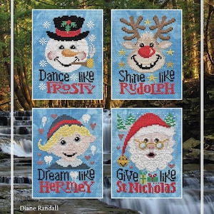 May include: Four cross-stitch samplers with Christmas-themed designs. Each features a character: a snowman, reindeer, girl, and Santa Claus, with text like "Dance like Frosty." The background is a waterfall.