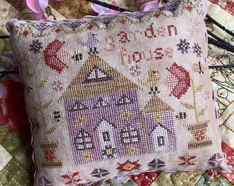 Counted Cross Stitch Pattern, Garden House, Wisteria Lane, Pinkeep, Pillow, Pansy Patch Quilts and Stitchery, PATTERN ONLY