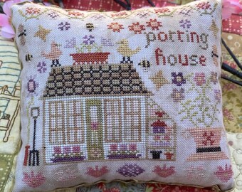 Counted Cross Stitch Pattern, Potting House, Wisteria Lane, Pinkeep, Pillow, Pansy Patch Quilts and Stitchery, PATTERN ONLY