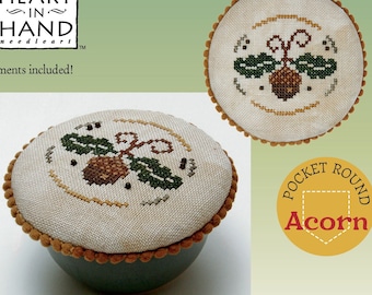 Counted Cross Stitch Pattern, Pocket Round Acorn, Fall Decor, Acorn, Primitive Decor, Heartware, Heart in Hand, PATTERN ONLY