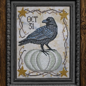 Counted Cross Stitch Pattern, Oct 31, Black Crow, White Pumpkin, Primitive, A Time For All Seasons, Cottage Garden Samplings , PATTERN ONLY