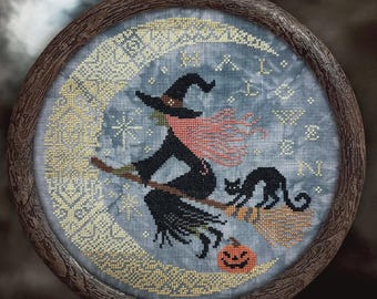 Counted Cross Stitch Pattern, Midnight Drift, Halloween Decor, Black Cat, Moon, Jack, Bowl Filler, Cottage Garden Samplings , PATTERN ONLY