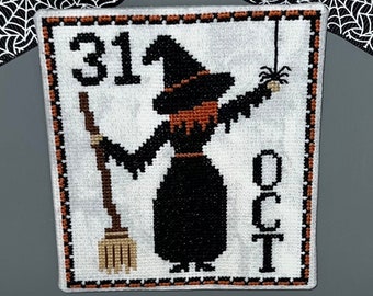 Counted Cross Stitch, October 31, Halloween Decor, Witch, Pillow Ornament, Spider, Broom, Bowl Filler, Small Town Needleworks, PATTERN ONLY