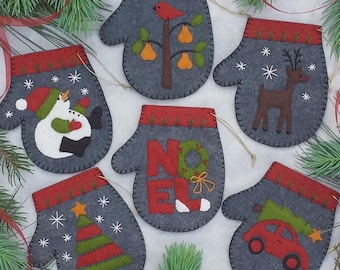 Wool Applique Pattern and Kit, Charcoal Mittens, Christmas Mitten Ornaments, Wool Kit, Rachel's of Greenfield, PATTERN AND KIT