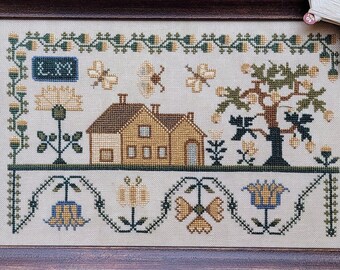 Cross Stitch Pattern, Golden Sampler Fragment, Flowers, Butterflies, Spring Decor, Liz Mathews, Hello From Liz, PATTERN ONLY