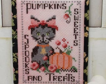 Counted Cross Stitch Pattern, Autumn Treats, Pillow Ornament, Bowl Filler, Autumn Decor, Pumpkin, Cat, KiraLyn's Needlearts, PATTERN ONLY