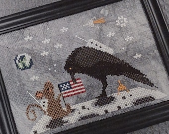 Counted Cross Stitch Pattern, One Giant Leap, Crow, Mouse, Outer Space, Pillow Ornament, Bowl Filler, Moon, Stitches by Ethel, PATTERN ONLY