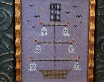 Counted Cross Stitch Pattern, Scary Feather Tree, Bat Motifs, Ghosts, Pillow, Halloween Decor, Thread Milk Design, PATTERN ONLY