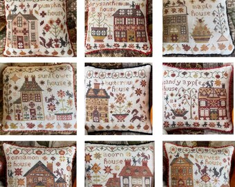 Counted Cross Stitch Pattern, Houses on Pumpkin Lane, Full Series, Pillow Ornaments, Bowl Fillers, Fall Decor, Pansy Patch, PATTERN SET ONLY