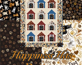 Quilt Fabric, Happiness Has Paws, Quilters Cotton, Whimsical, Dog Lovers Decor, Fido's Neighborhood Quilt Pattern, Timeless Treasures
