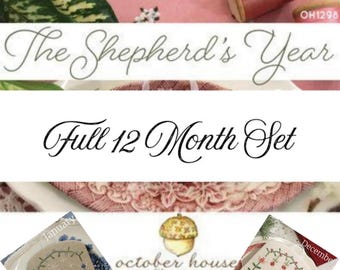 Shepherd's Year Cross Stitch Patterns, 12 Monthly Sheep, Flowers, Holiday Decor, Pillow Ornament, October House, SET ONLY
