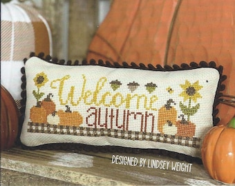 Counted Cross Stitch Pattern, Welcome Autumn, Fall Decor, Pillow, Ornament, Sunflowers, Pumpkins, Primrose Cottage Stitches, PATTERN ONLY