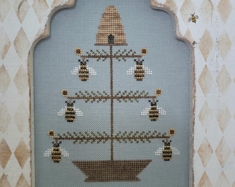 Counted Cross Stitch Pattern, Honey Bee Feather Tree, Flower Motifs, Hive, Pillow, Summer Decor, Thread Milk Design, PATTERN ONLY