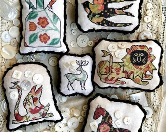 Counted Cross Stitch Pattern, Cookie Cutter 4, Folk Art, Pillow Ornaments, Bowl Fillers, Birds, Deer, Horse, Kathy Barrick, PATTERN ONLY