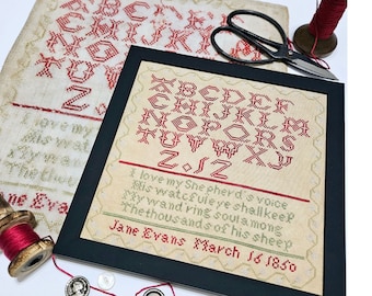 Counted Cross Stitch Pattern, Jane Evans 1850, Alphabet Sampler, Verse Sampler, Pillow, Quaint Rose Needlearts, PATTERN ONLY