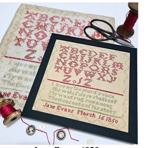 Counted Cross Stitch Pattern, Jane Evans 1850, Alphabet Sampler, Verse Sampler, Pillow, Quaint Rose Needlearts, PATTERN ONLY