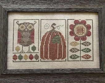 Cross Stitch Pattern, Harvest Etchings, Autumn Decor, Owl, Pumpkin, Sunflower, Bowl Fillers, Pillow Ornaments, Heart in Hand, PATTERN ONLY