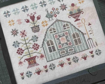 Counted Cross Stitch Pattern, Summer Quilt Barn, Flowers, Blue Barn, Peacock, Birdhouse, Pansy Patch Quilts and Stitchery, PATTERN ONLY