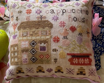 Counted Cross Stitch Pattern, Cappuccino House, Wisteria Lane, Pinkeep, Pillow Ornament, Pansy Patch Quilts and Stitchery, PATTERN ONLY