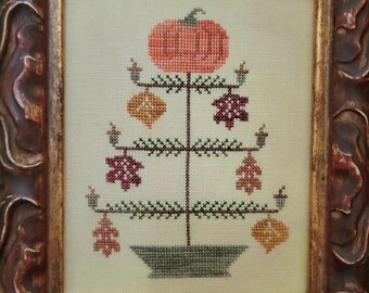 Counted Cross Stitch Pattern, Fall Feather Tree, Leaf Motifs, Pumpkin, Pillow, Autumn Decor, Thread Milk Design, PATTERN ONLY