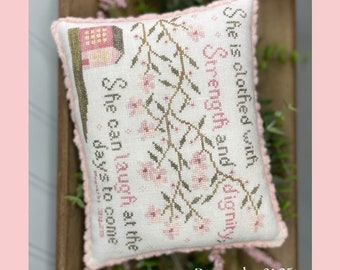 Counted Cross Stitch Pattern, Strength & Dignity, Psalm 31:25, Flower Motifs, Annie Turner, The Proper Stitcher, PATTERN ONLY