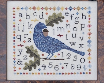 Counted Cross Stitch Pattern, Token of Fall, Primitive Decor, Fall Decor, Folkart, Bluebird, Hello from Liz Mathews, PATTERN Only
