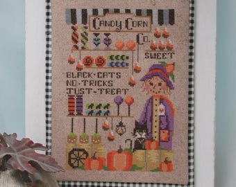 Counted Cross Stitch Pattern, Candy Corn Co, Pillow Ornament, Bowl Filler, Autumn Decor, Pumpkins, Cat, KiraLyn's Needlearts, PATTERN ONLY