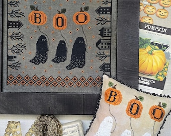PRE-Order, Counted Cross Stitch Pattern, Ghosting To Town, Halloween Motifs, Ghosts, Village, Pumpkins, Hello From Liz Mathews, PATTERN ONLY