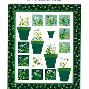 May include: A quilt pattern titled "Patio Garden" by Kris Holderness Designs. The design features green potted plants with various floral and fern arrangements. The quilt measures 48" x 57" and includes the Northcott Cottons logo.