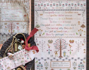 PRE-Order, Counted Cross Stitch Pattern, Jessie Forbes 1898, Reproduction Sampler, Country Rustic, Heartstring Samplery, PATTERN ONLY