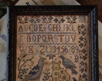 Counted Cross Stitch Pattern, She Sights a Bird, Birds, Cat, Primitive Decor, Garden Decor, Loose Feathers, Blackbird Designs, PATTERN ONLY