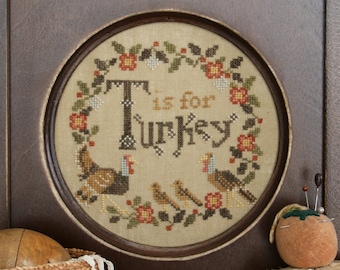 Counted Cross Stitch Pattern, T is For Turkey, Thanksgiving Sampler, Alphabet Series, Turkey, Folk Art, Heartstring Samplery, PATTERN ONLY