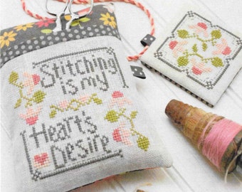 Cross Stitch Pattern, Stitching is My Heart's Desire, Pincushion, Pin Keep, Scissor Fob, Cathy Habermann, Hands on Design, PATTERN ONLY