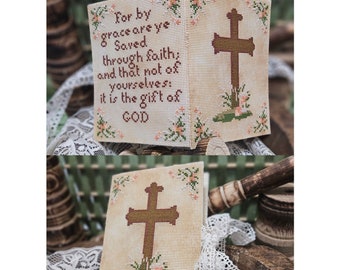 Counted Cross Stitch Pattern, By Grace Needlebook, Ephesians 2:8-10, Perforated Paper, Quaint Rose Needlearts, PATTERN ONLY