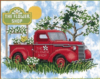 Counted Cross Stitch Pattern, The Flower Shop, Pick Up Truck, Country Decor, Flowers, Spring Decor, Garden Decor, Stoney Creek, PATTERN ONLY