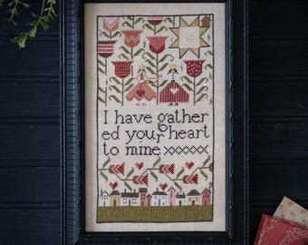 Counted Cross Stitch Pattern, Gathered Hearts, Flower Motifs, Heart Motifs, Verse Sampler, Plum Street Samplers, PATTERN ONLY