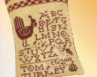 Counted Cross Stitch Pattern, Tom Turkey Sampler, Turkey, Thanksgiving, Redwork Embroidery, Pillow Ornament, Heart in Hand, PATTERN ONLY