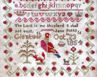 Counted Cross Stitch Pattern, Jane Potts 1854, Primitive Decor, Alphabet Sampler, Religious, Lucy Beam, Love in Stitches, PATTERN ONLY